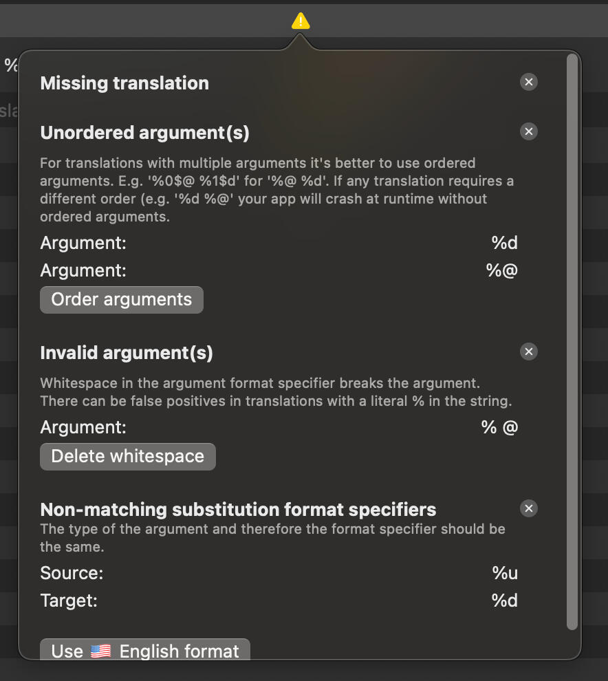 String Catalog Translator screenshot showing the validation UI