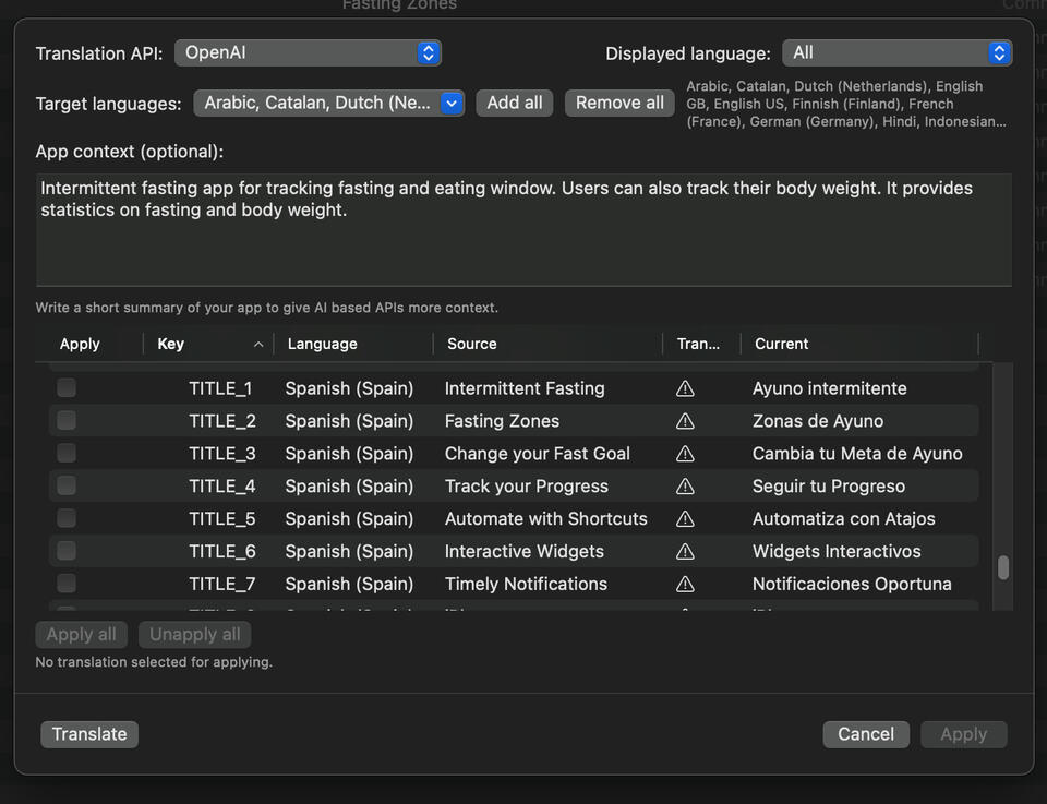 String Catalog Translator screenshot showing the translation UI