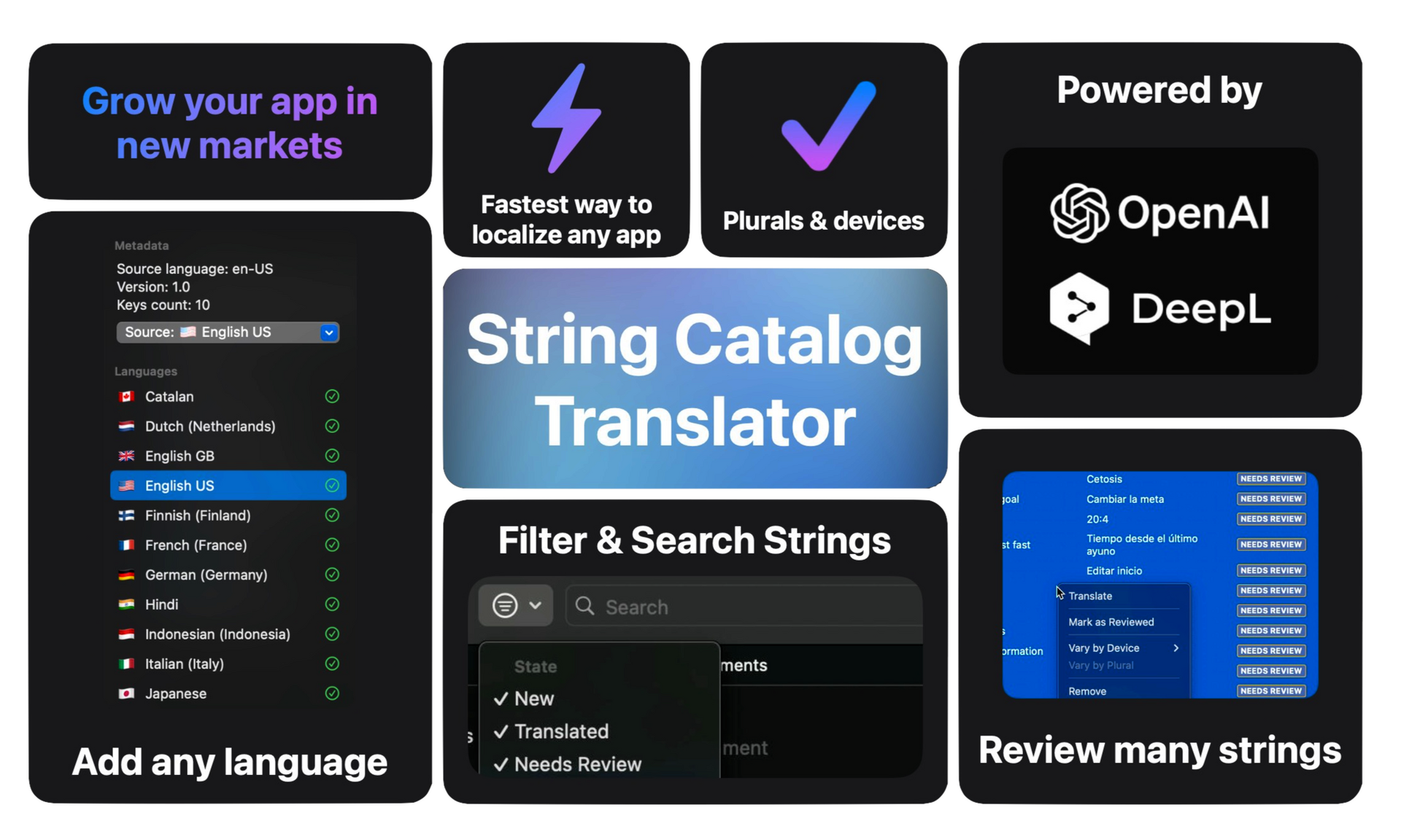 String Catalog Translator Benefits Bento Grid